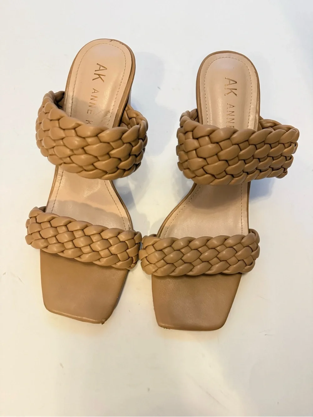 Anne Klein Braided Double-Strap Block Heel Mules in Nude 8